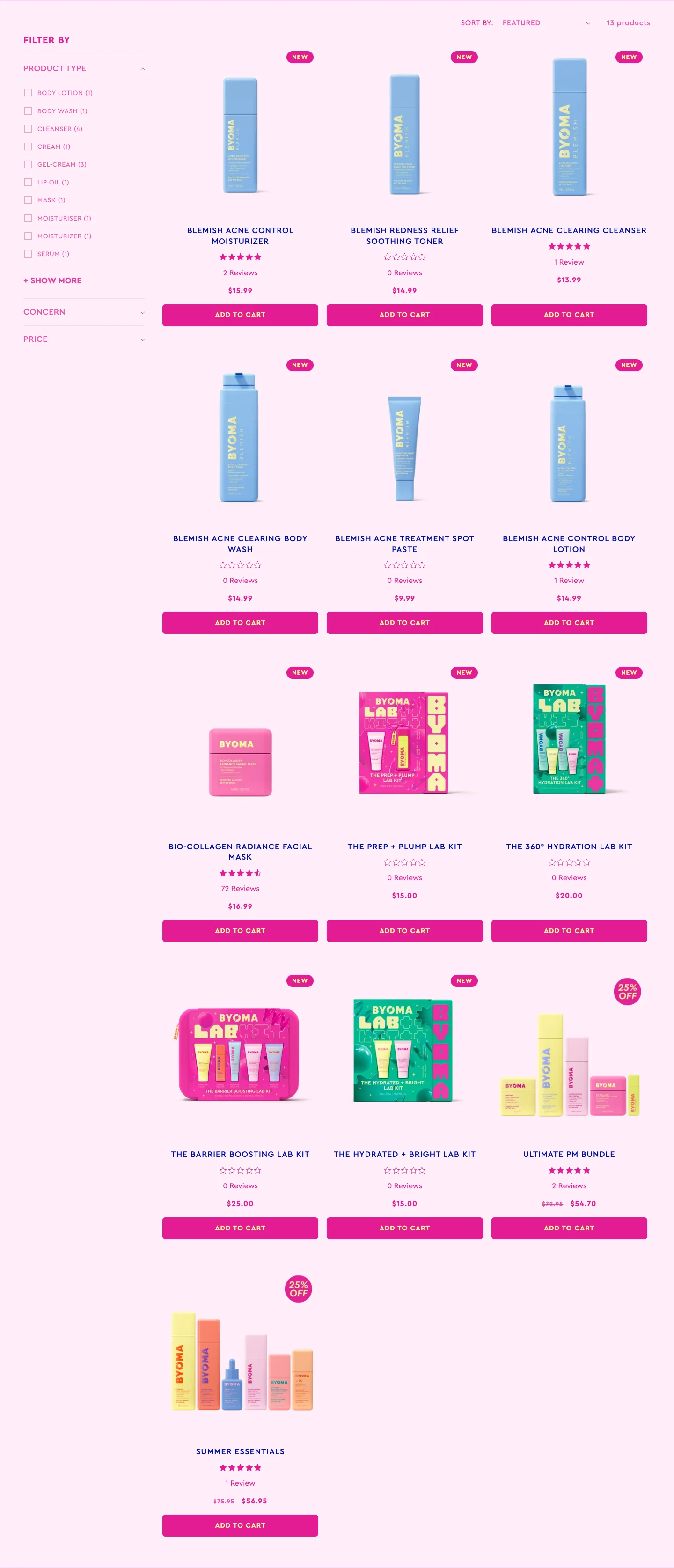 New in product grid with filters from BYOMA