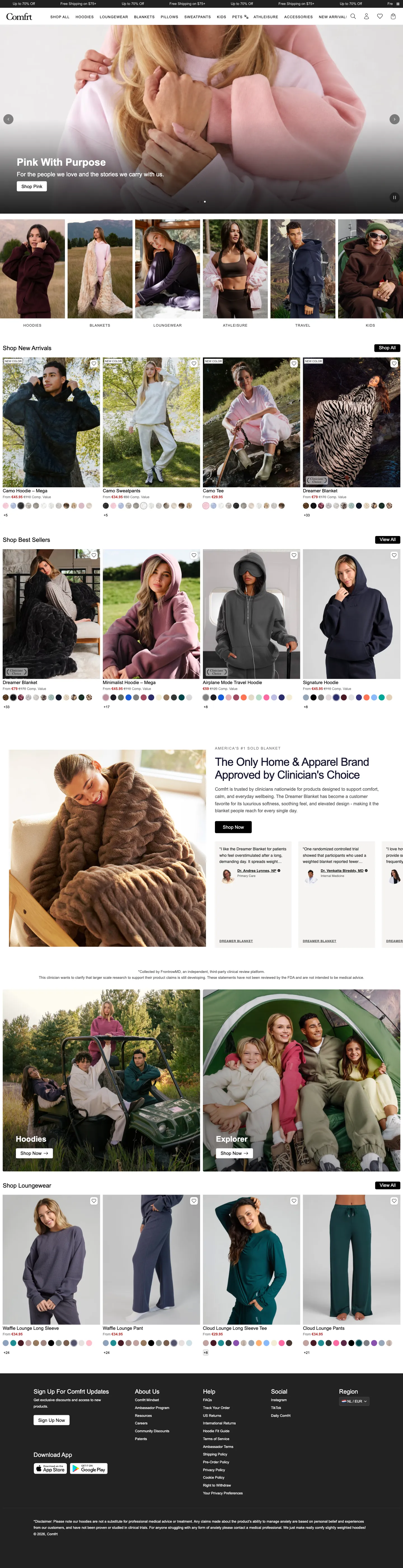 Comfrt, homepage (desktop)
