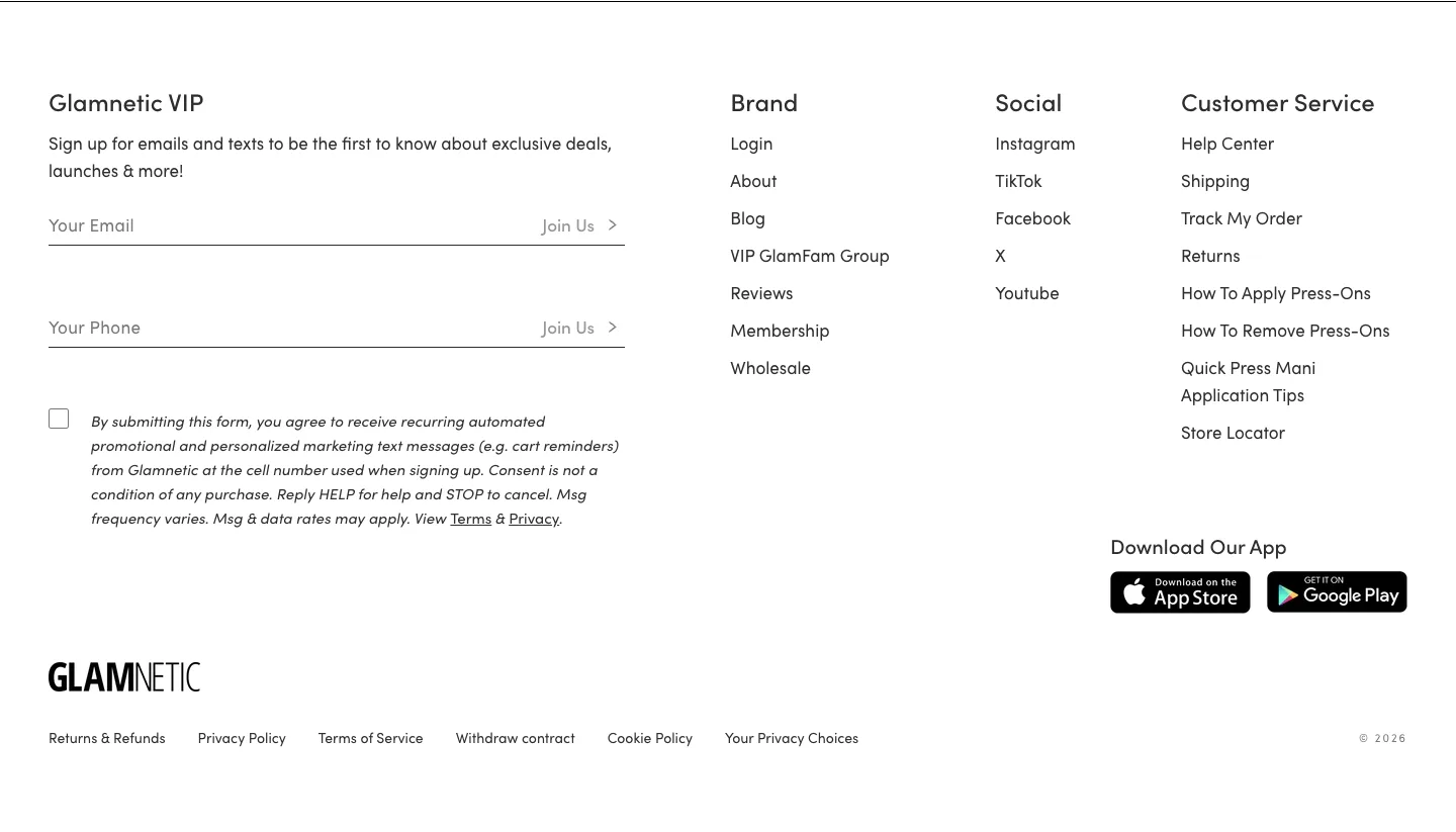 Footer with email and SMS sign-up from Glamnetic