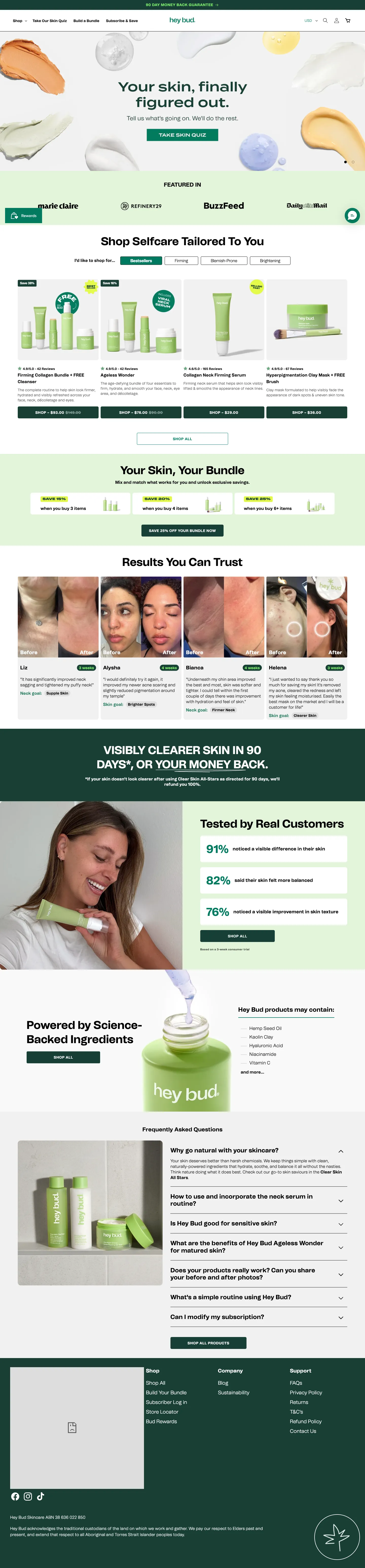 Hey Bud Skincare, homepage (desktop)