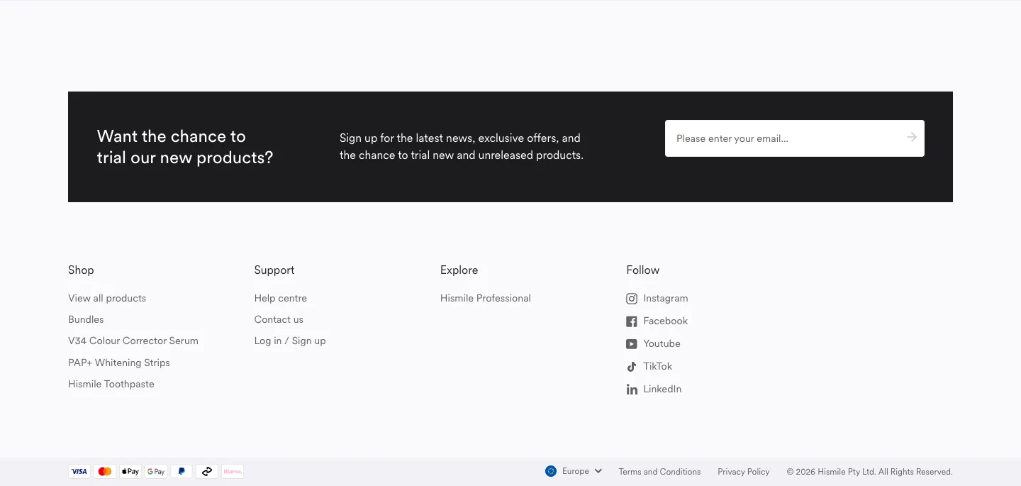 Footer with email sign-up from Hismile