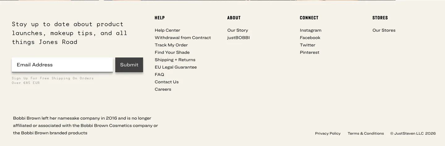 Footer with email sign-up from Jones Road