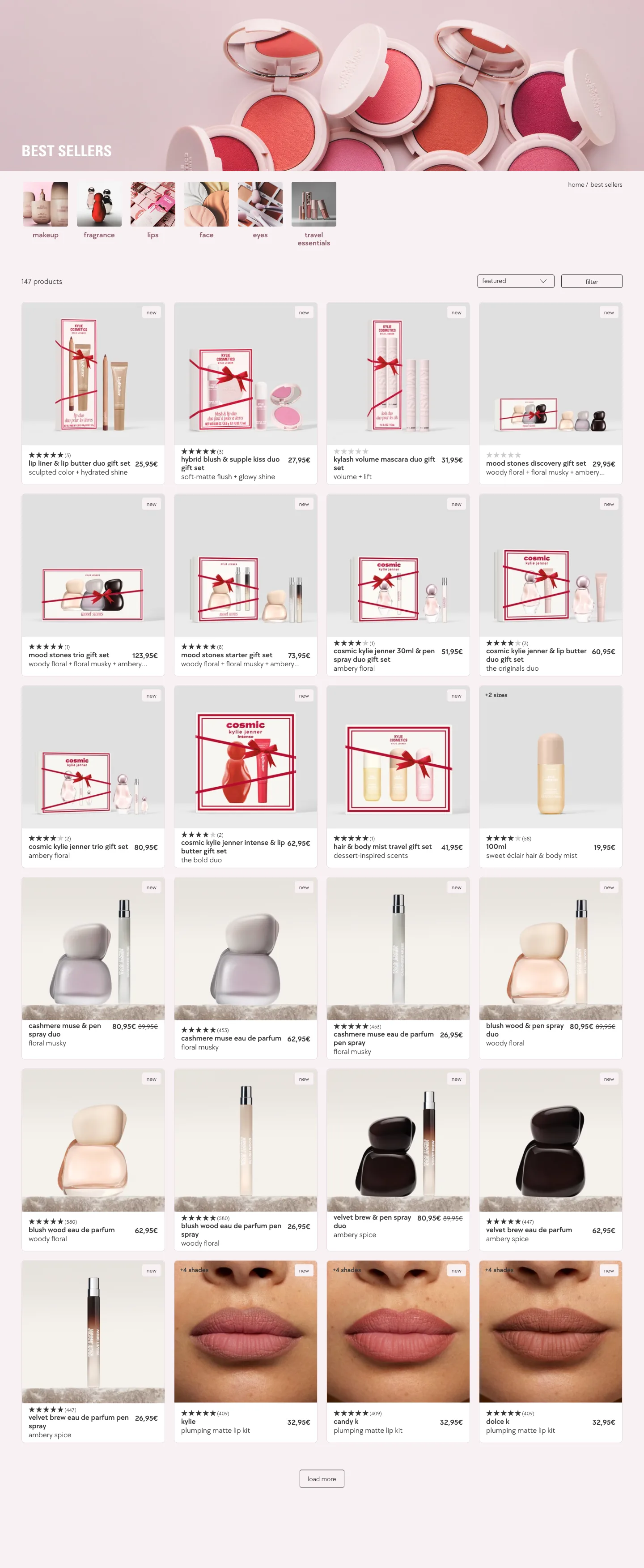 Best sellers grid with category tiles from Kylie Cosmetics