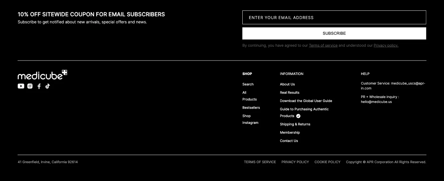 Footer with 10% coupon sign-up from medicube