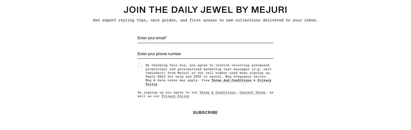 Newsletter signup from Mejuri