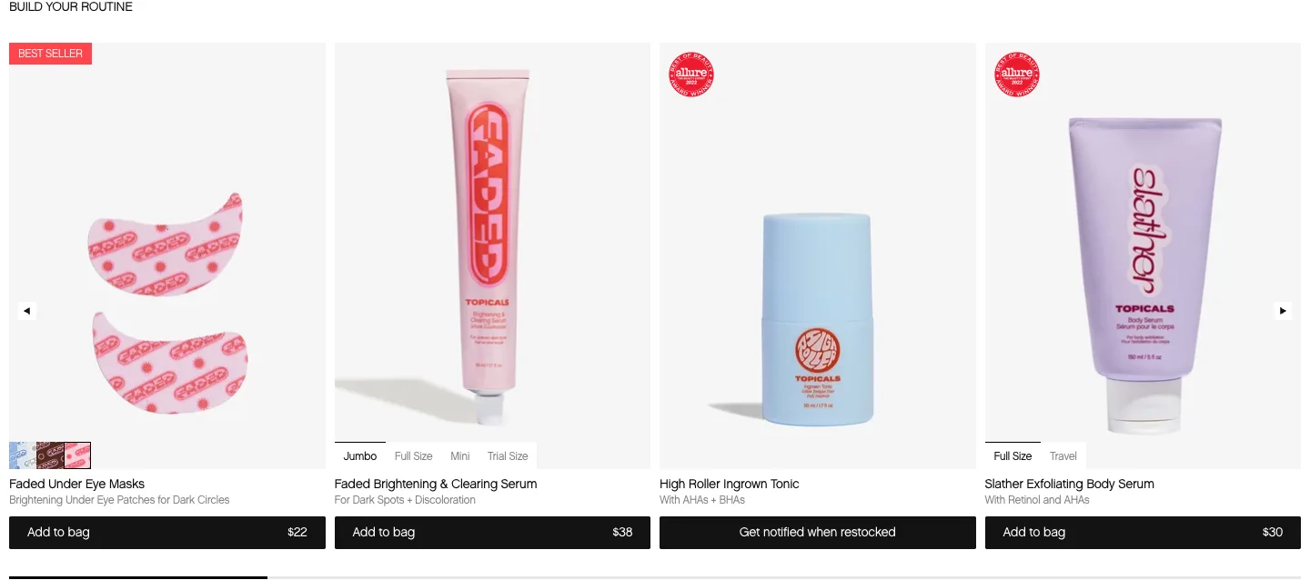 Product recommendations from Topicals