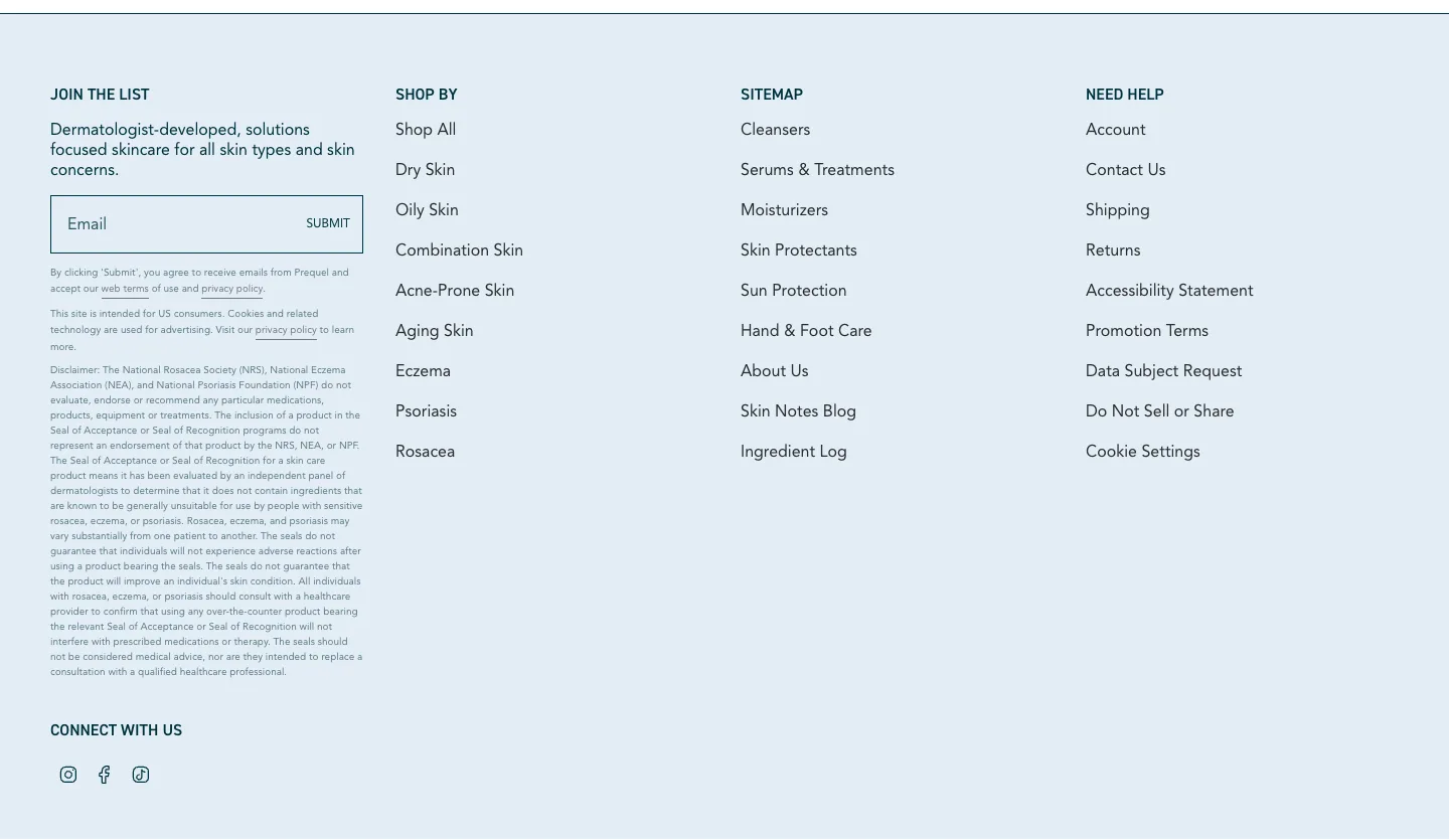 Footer with email sign-up from Prequel