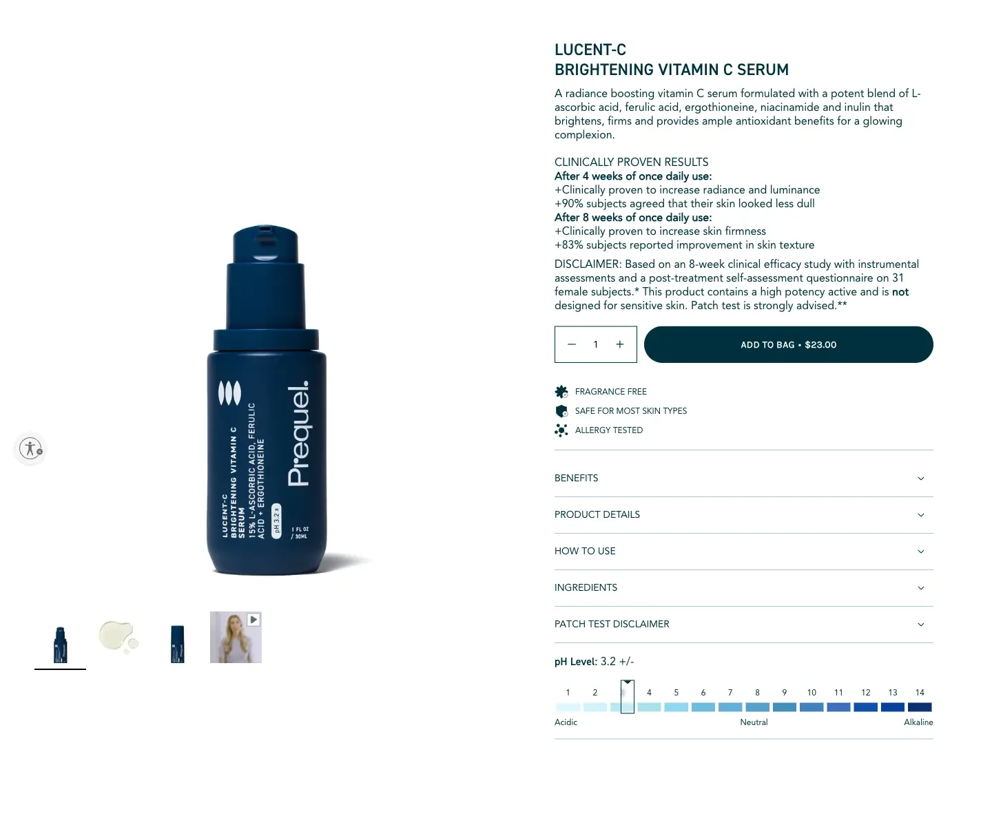 Lucent-C serum buy box with pH scale from Prequel