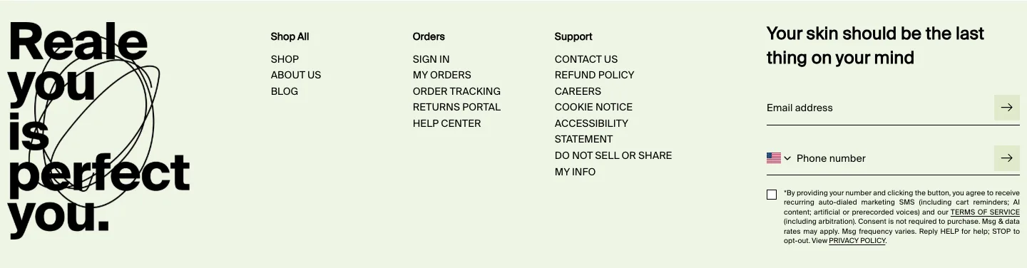 Footer with email and SMS sign-up from Reale Actives