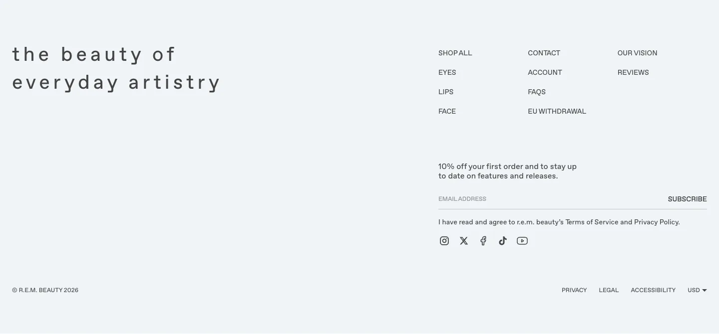 Footer with 10% off sign-up from r.e.m. beauty