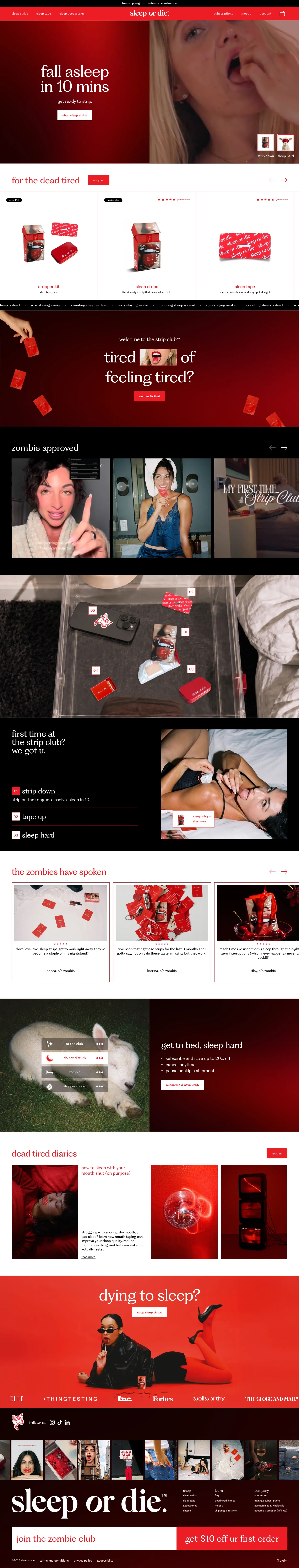 sleep or die, homepage (desktop)