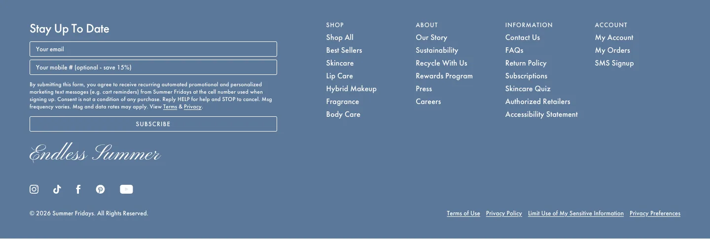 Footer with email and SMS sign-up from Summer Fridays