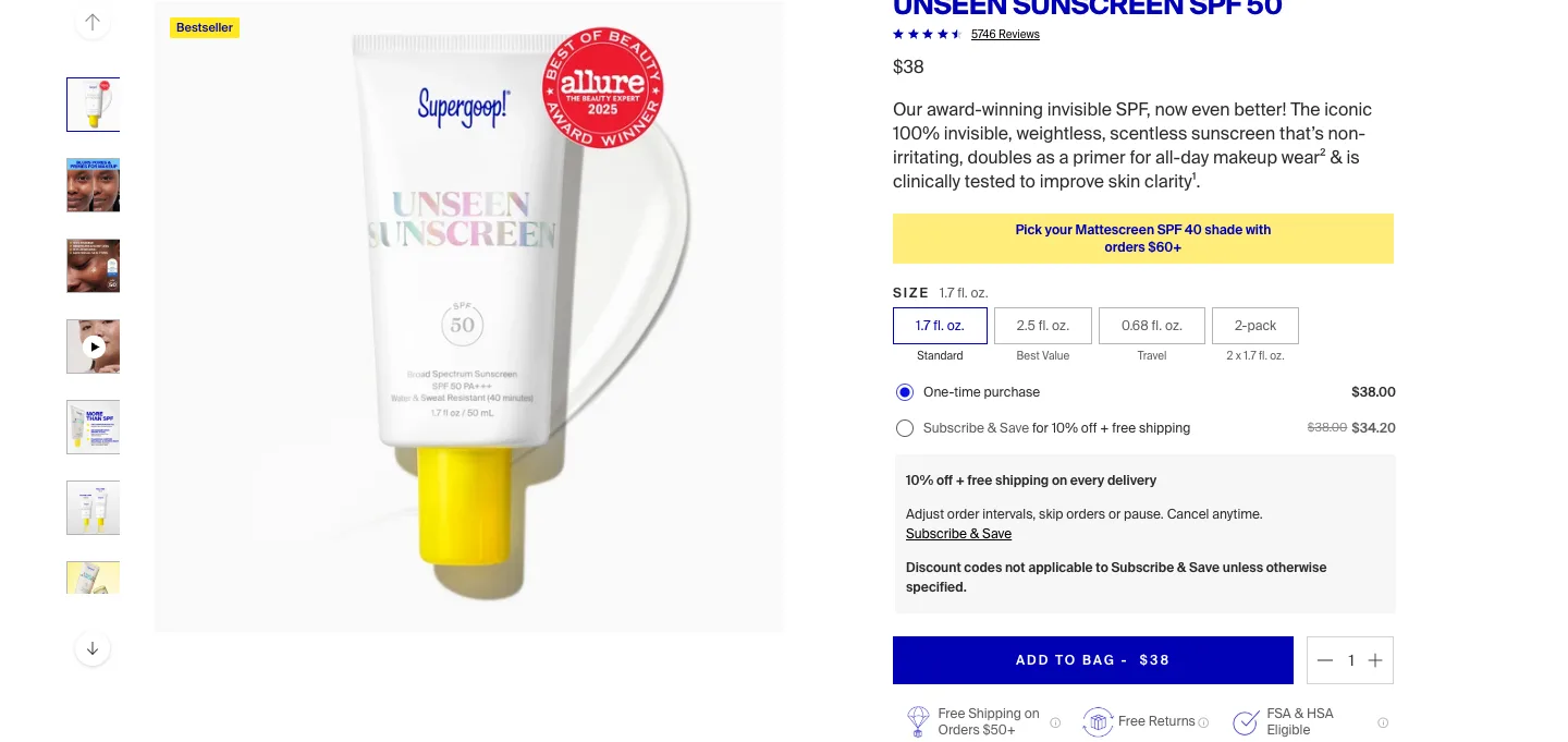 Unseen Sunscreen SPF 50 from supergoop