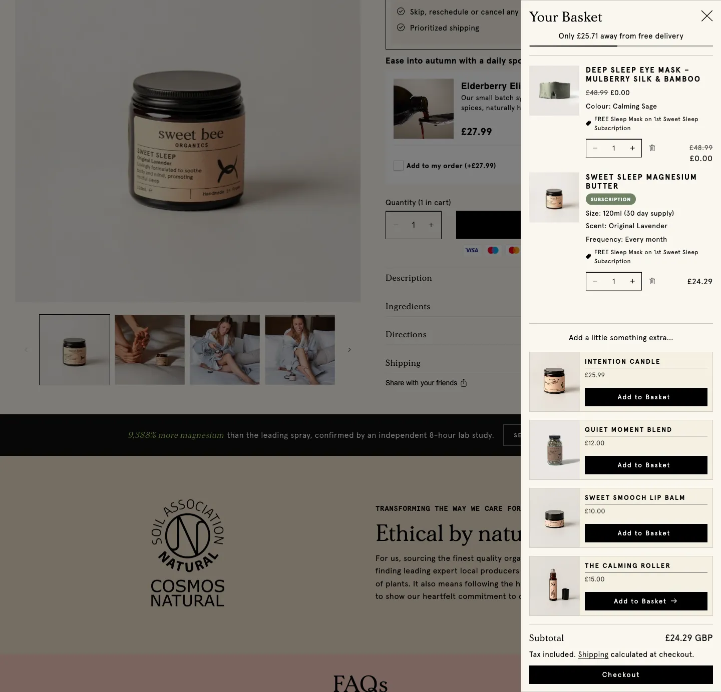 Sweet Bee Organics UK, cart (desktop)