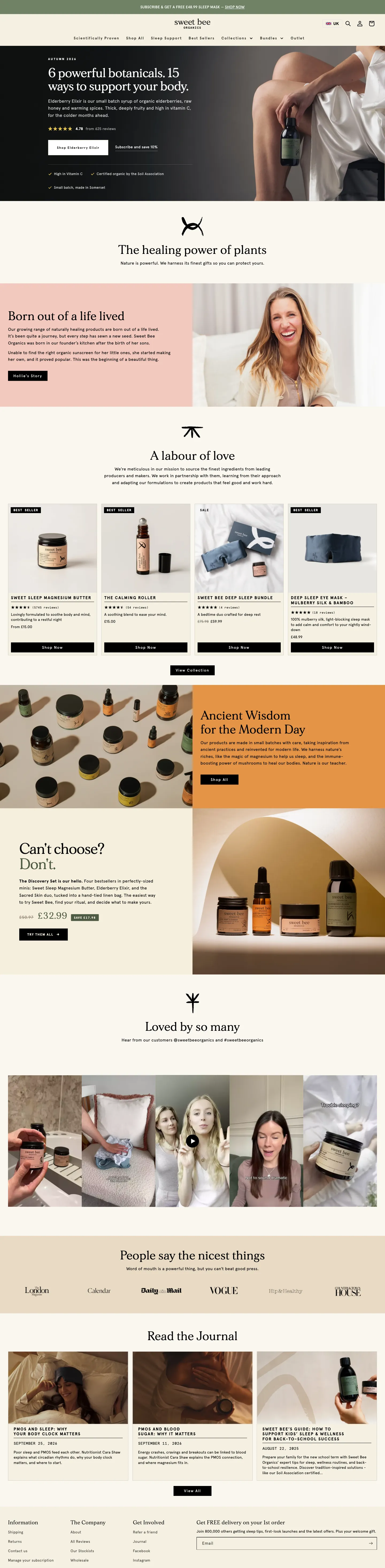 Sweet Bee Organics UK, homepage (desktop)