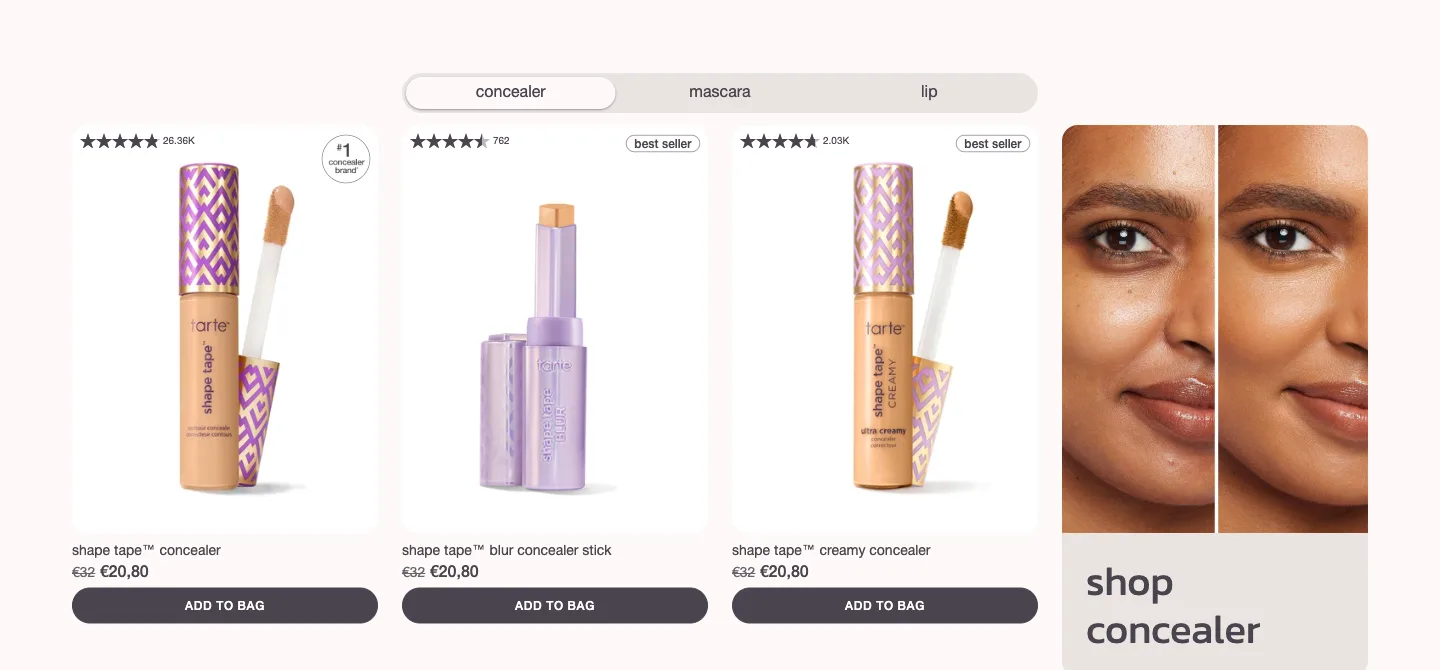 Concealer, mascara, lip tabs from Tarte Cosmetics