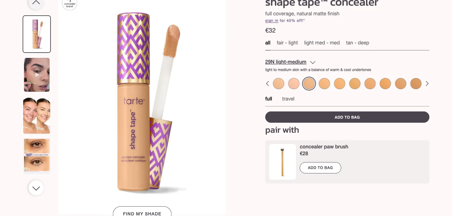 Shape tape concealer buy box with shade picker from Tarte Cosmetics