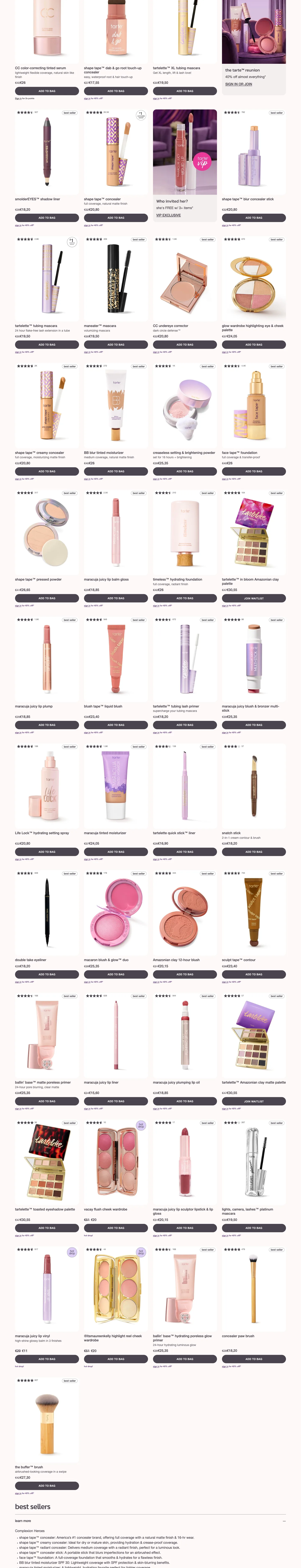 Best sellers grid with promo tiles from Tarte Cosmetics